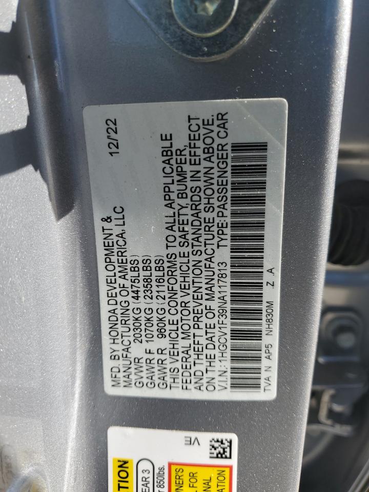 2022 Honda Accord VIN 1HGCV1F39NA117813 Copart auction photo, front end damage thumbnail 14
