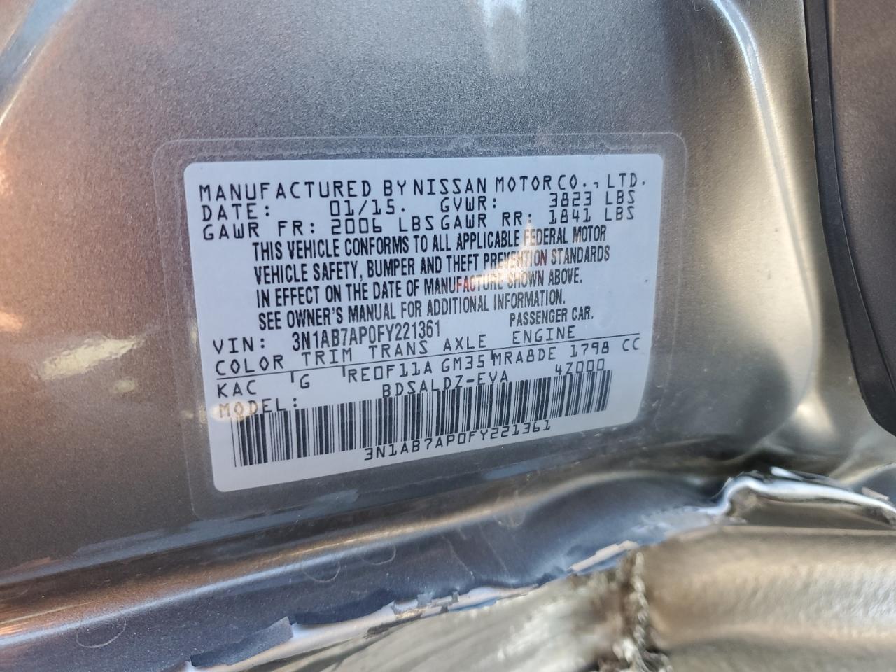 2015 Nissan Sentra VIN 3N1AB7AP0FY221361 Copart auction photo, rear end / side damage thumbnail 12