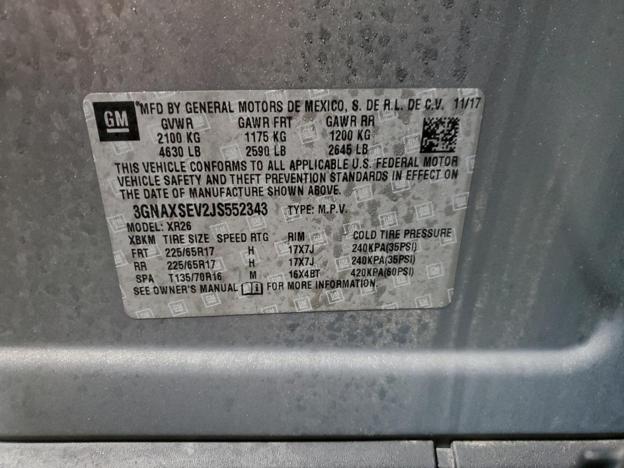 2018 Chevrolet Equinox VIN 3GNAXSEV2JS552343 Copart auction photo, front end / side damage thumbnail 14
