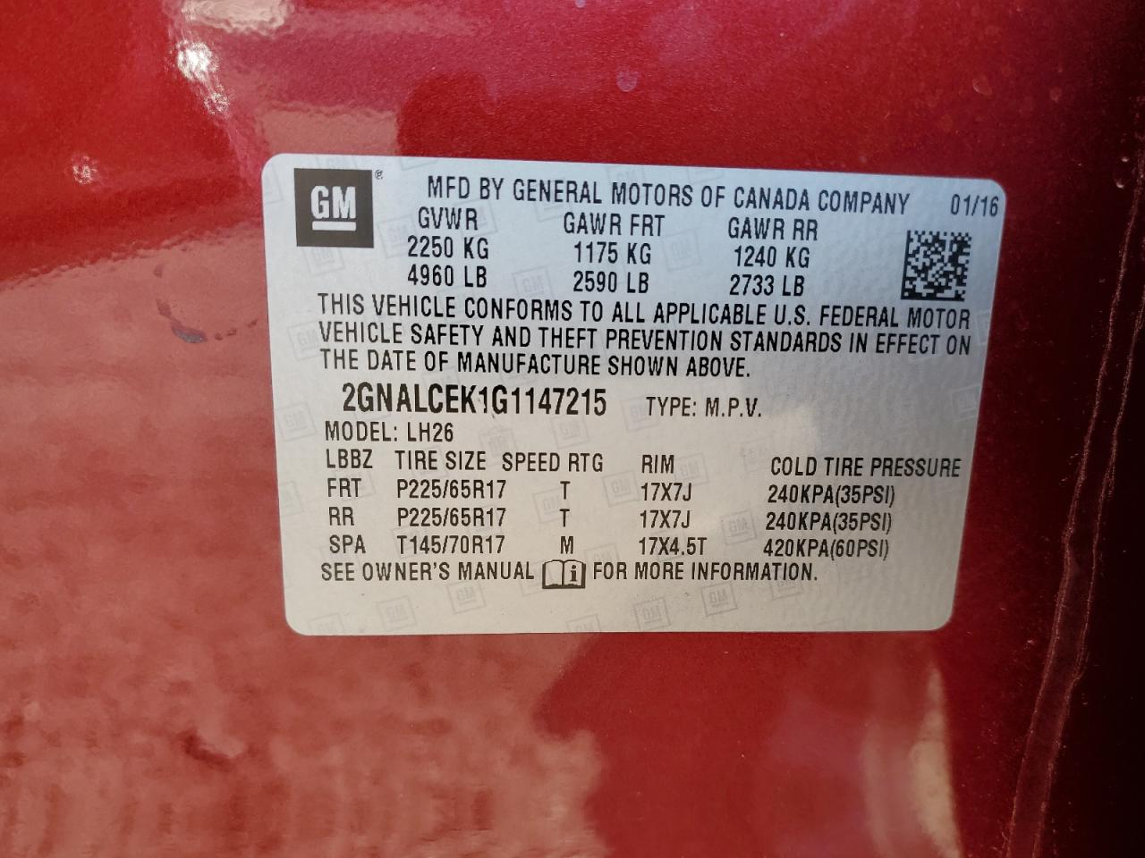 2016 Chevrolet Equinox VIN 2GNALCEK1G1147215 Copart auction photo, front end damage thumbnail 13