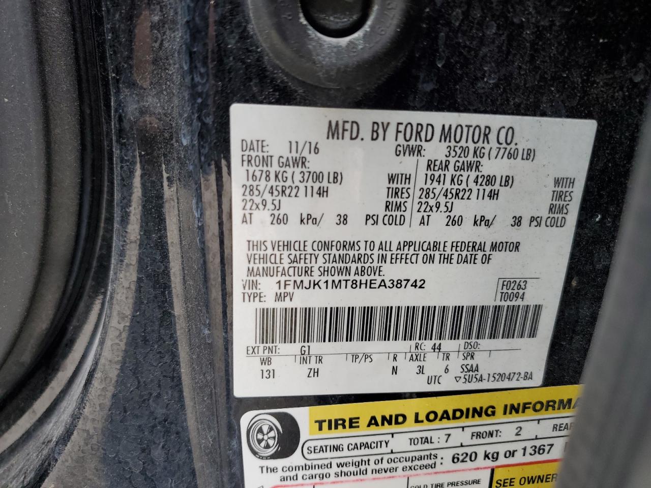 2017 Ford Expedition VIN 1FMJK1MT8HEA38742 Copart auction photo, front end / side damage thumbnail 15