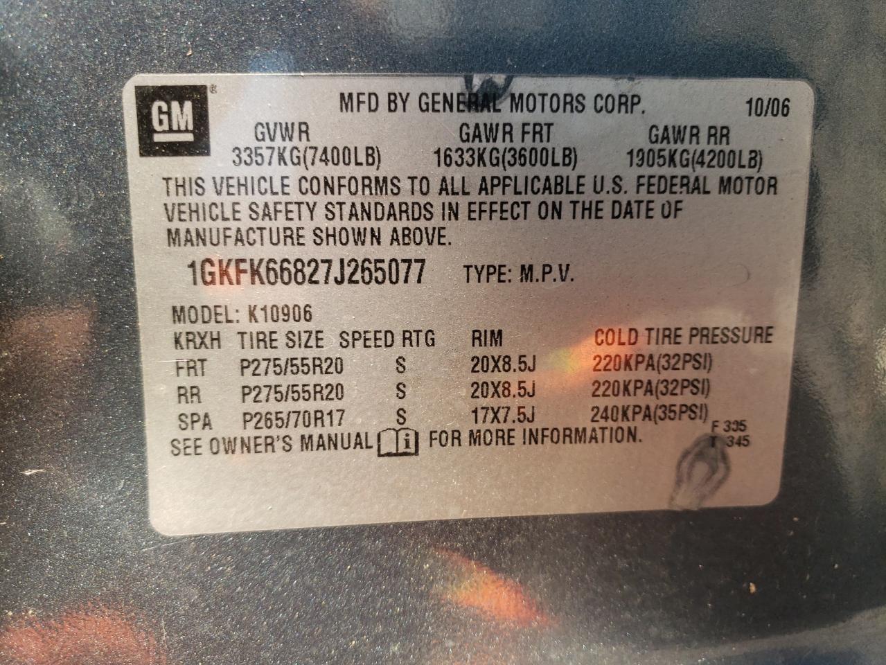 2007 GMC Yukon VIN 1GKFK66827J265077 Copart auction photo, side damage thumbnail 13
