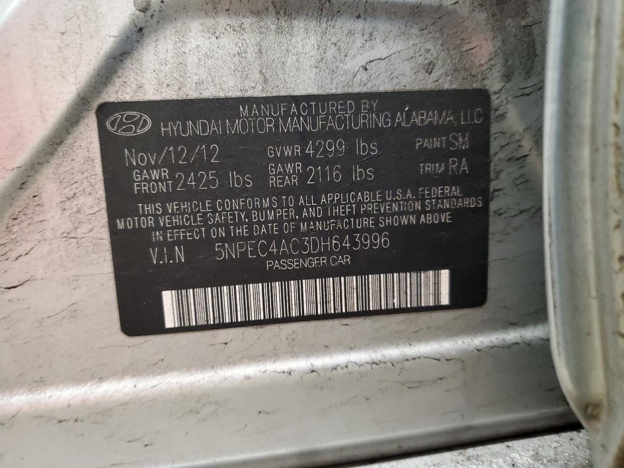 2013 Hyundai Sonata VIN 5NPEC4AC3DH643996 Copart auction photo, front end damage thumbnail 12