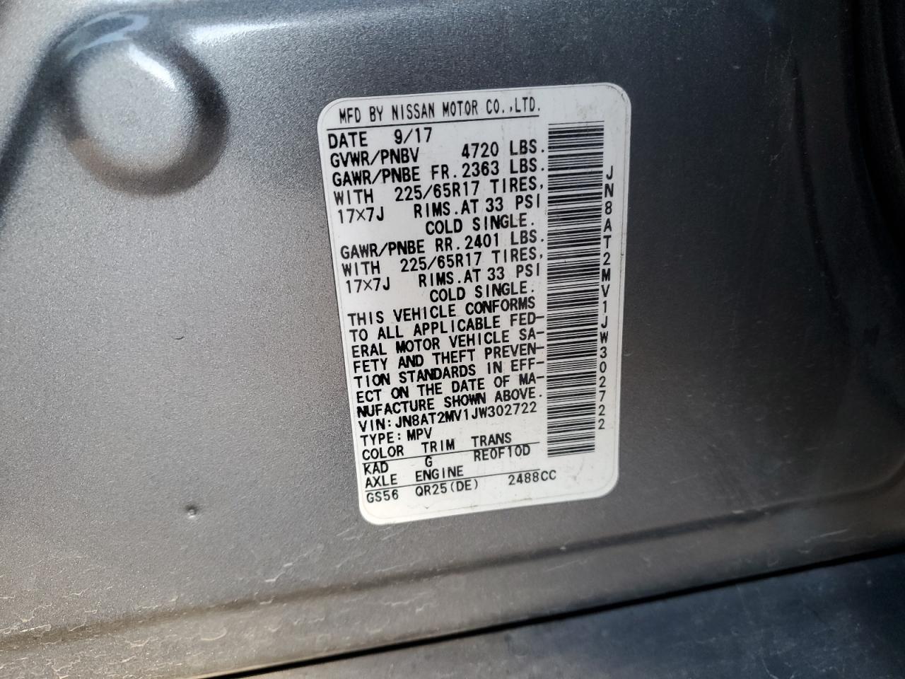 2018 Nissan Rogue VIN JN8AT2MV1JW302722 Copart auction photo, all over damage thumbnail 14