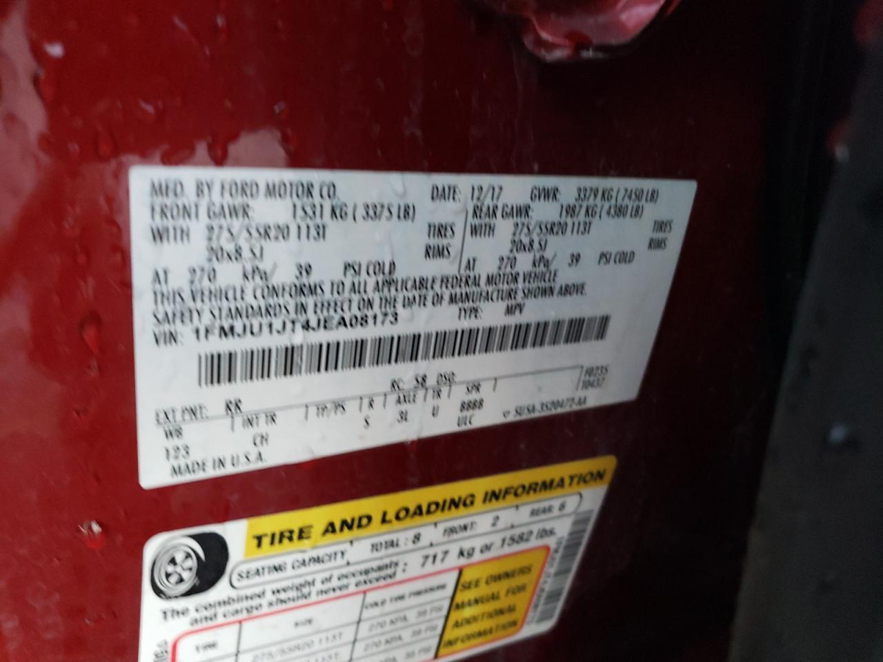 2018 Ford Expedition VIN 1FMJU1JT4JEA08173 Copart auction photo, side / rear end damage thumbnail 13