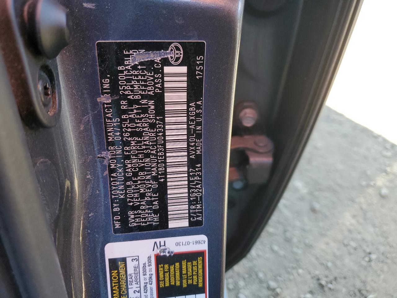 2015 Toyota Avalon VIN 4T1BD1EB3FU043371 Copart auction photo, front end / side damage thumbnail 13