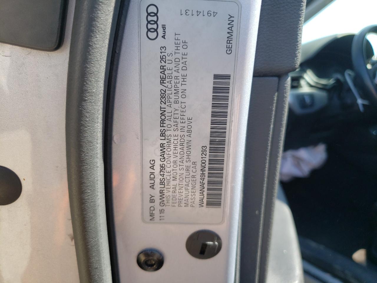 2017 Audi A4 VIN WAUANAF49HN001293 Copart auction photo, front end / side damage thumbnail 12