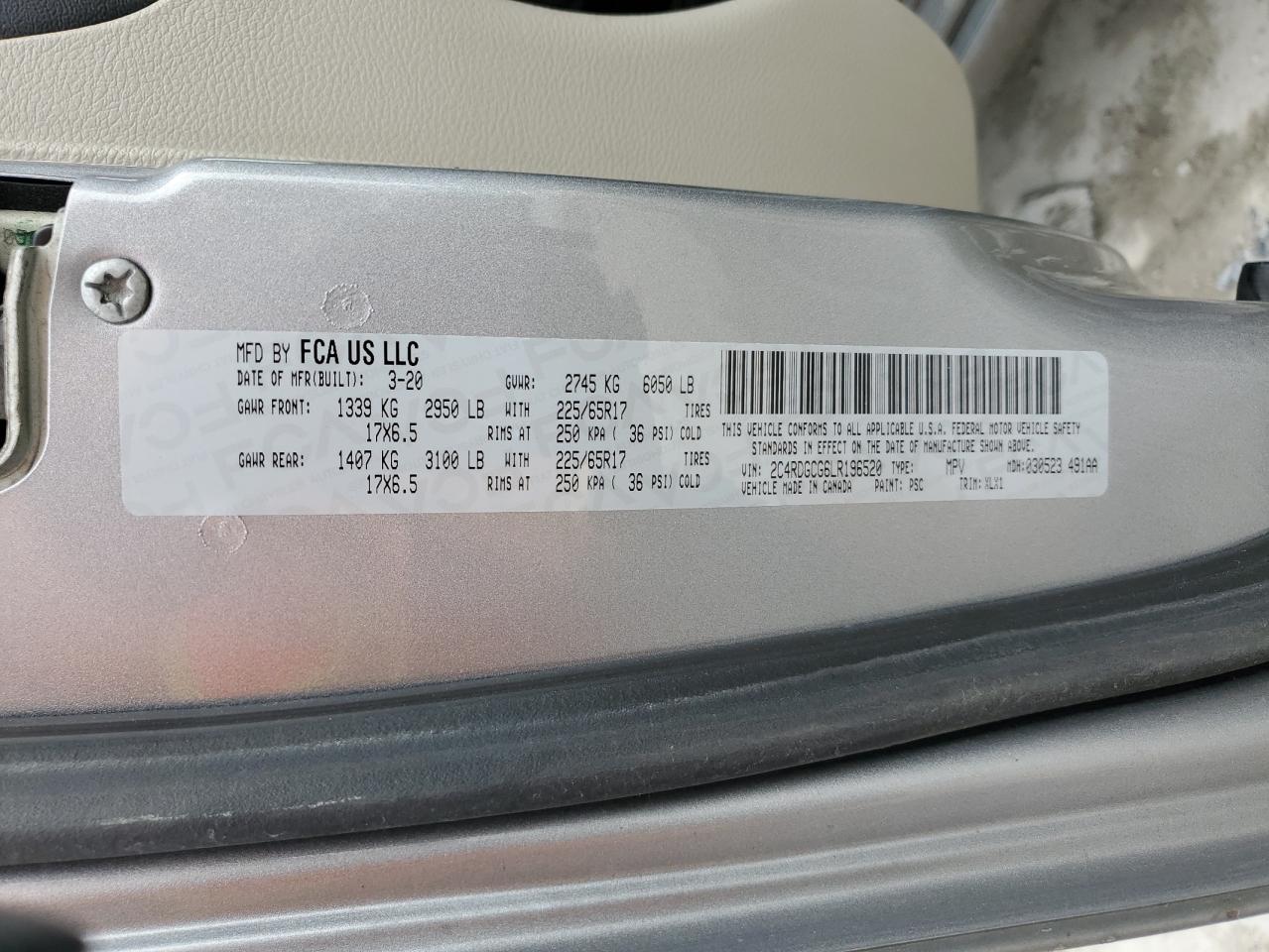 2020 Dodge Caravan VIN 2C4RDGCG6LR196520 Copart auction photo, side / minor dent/scratches damage thumbnail 12