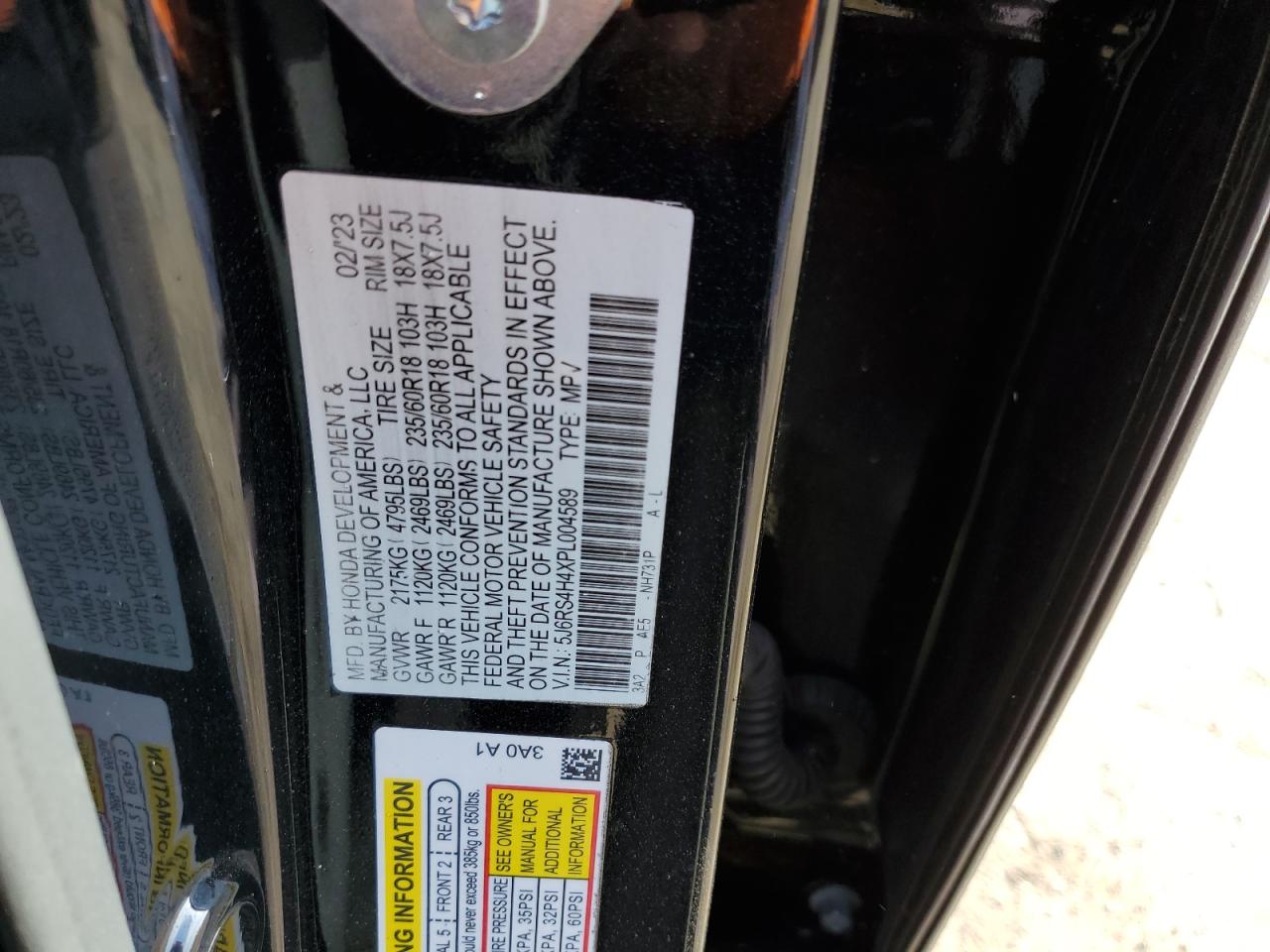 2023 Honda CR-V VIN 5J6RS4H4XPL004589 Copart auction photo, side damage thumbnail 12