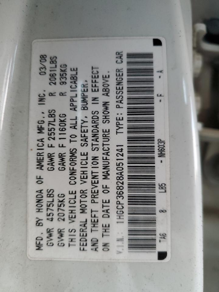 2008 Honda Accord VIN 1HGCP36828A051241 Copart auction photo, side / rear end damage thumbnail 12
