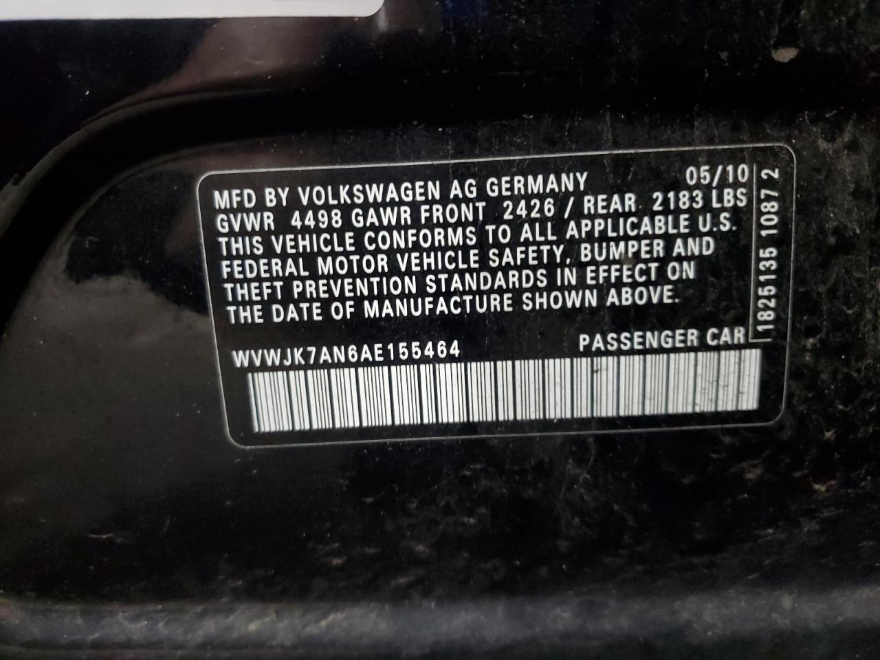 2010 Volkswagen Passat VIN WVWJK7AN6AE155464 Copart auction photo, front end damage thumbnail 12