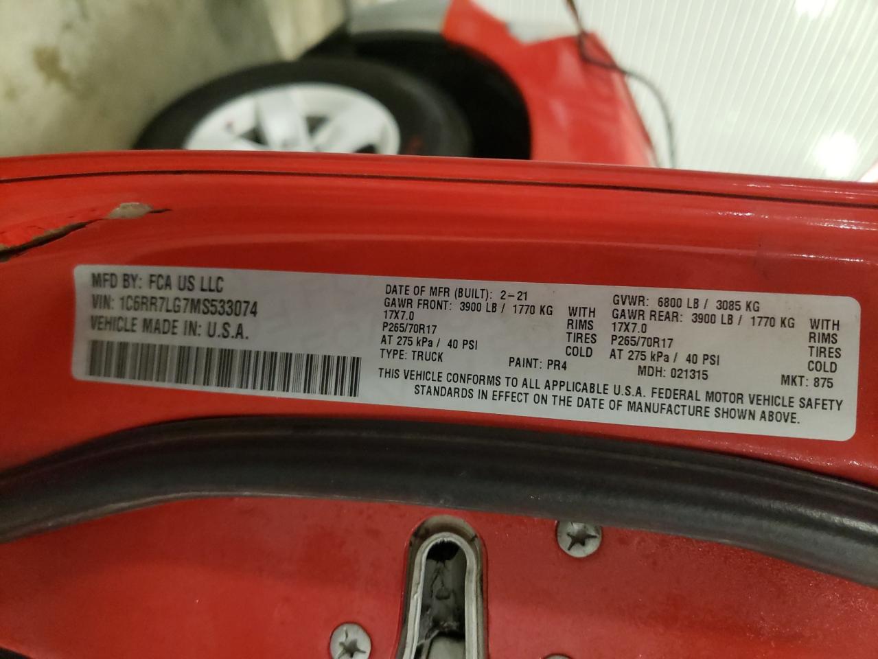 2021 RAM 1500 VIN 1C6RR7LG7MS533074 Copart auction photo, side damage thumbnail 12