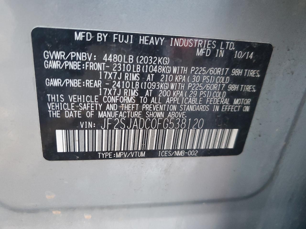 2015 Subaru Forester VIN JF2SJADC0FG538120 Copart auction photo, front end / side damage thumbnail 12