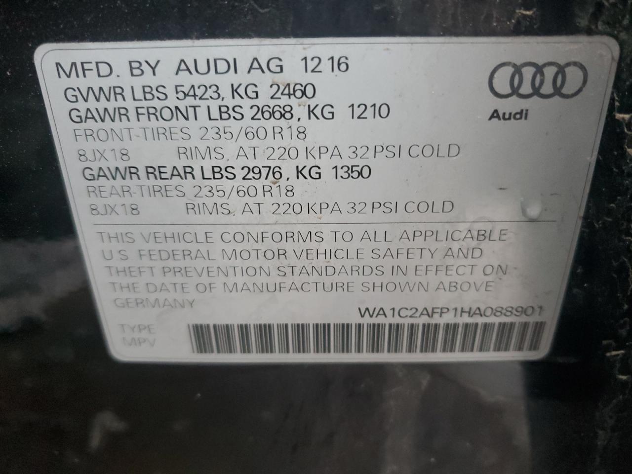 2017 Audi Q5 VIN WA1C2AFP1HA088901 Copart auction photo, front end damage thumbnail 15