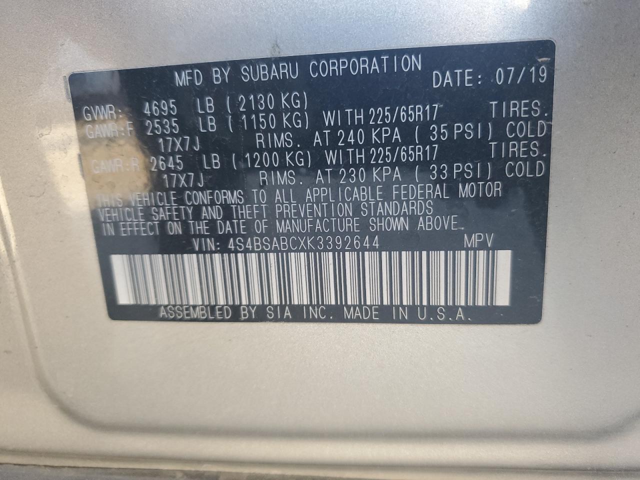 2019 Subaru Outback VIN 4S4BSABCXK3392644 Copart auction photo, front end damage thumbnail 14