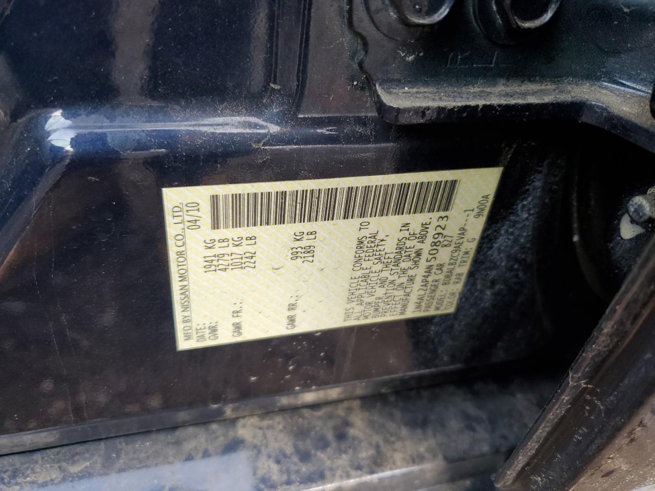 2010 Nissan Altima VIN 1N4AL2AP4AN508923 Copart auction photo, rear end damage thumbnail 12