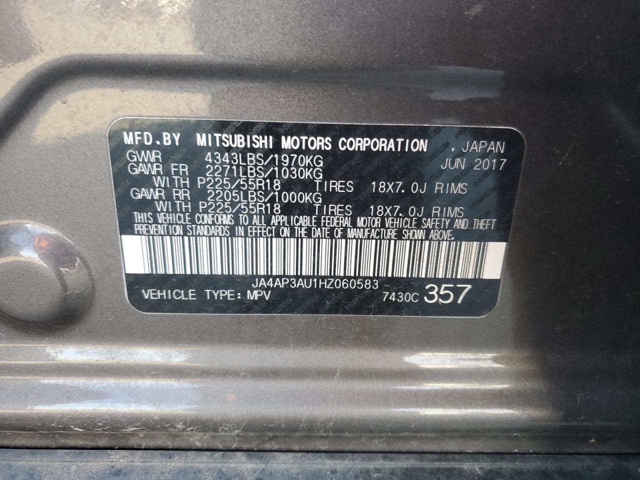 2017 Mitsubishi Outlander VIN JA4AP3AU1HZ060583 Copart auction photo, front end damage thumbnail 14