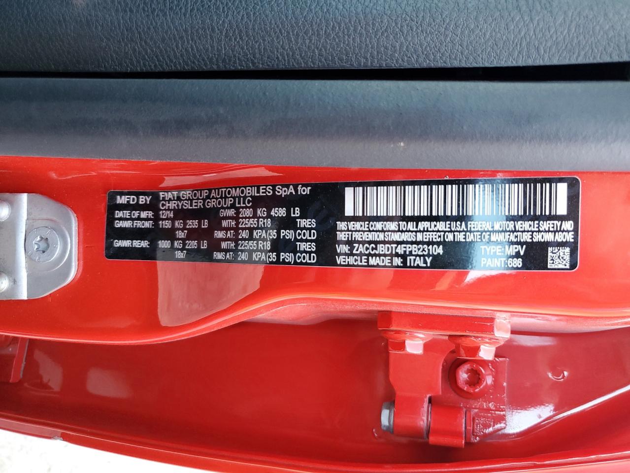 2015 Jeep Renegade VIN ZACCJBDT4FPB23104 Copart auction photo, all over damage thumbnail 13