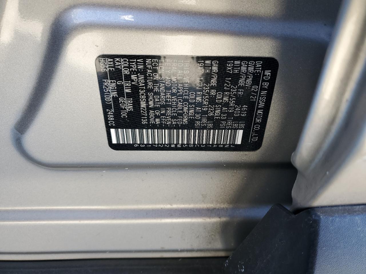 2021 Nissan Rogue VIN JN8AT3CB5MW227136 Copart auction photo, rear end / front end damage thumbnail 13