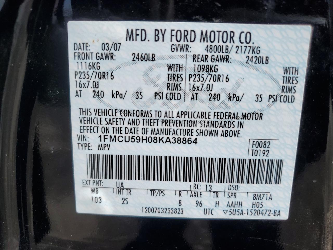 2008 Ford Escape VIN 1FMCU59H08KA38864 Copart auction photo, front end / side damage thumbnail 14
