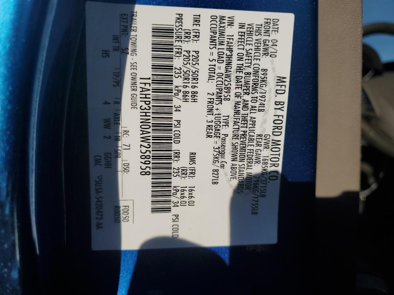 2010 Ford Focus VIN 1FAHP3HN0AW258958 Copart auction photo, side damage thumbnail 14