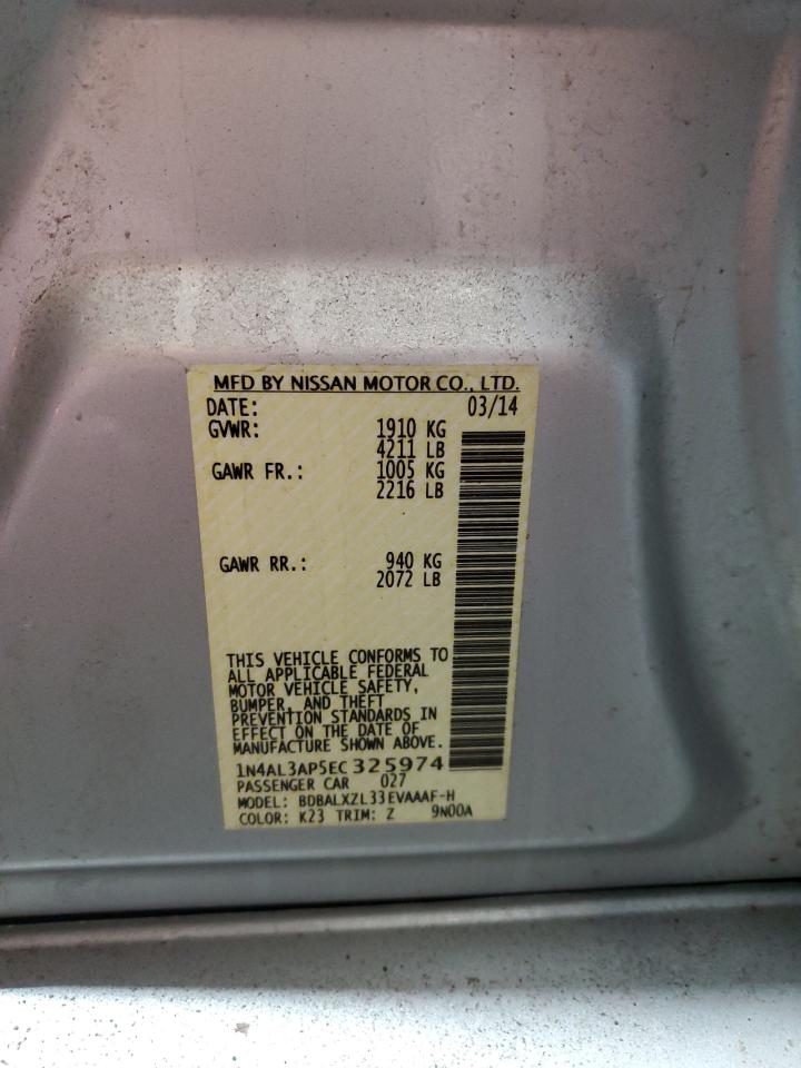 2014 Nissan Altima VIN 1N4AL3AP5EC325974 Copart auction photo, front end / side damage thumbnail 13