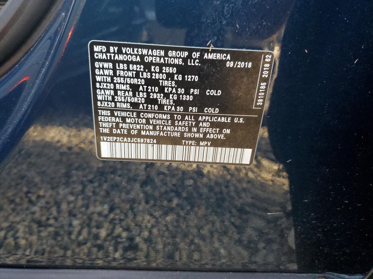 2018 Volkswagen Atlas VIN 1V2EP2CA3JC597824 Copart auction photo, water/flood damage thumbnail 14