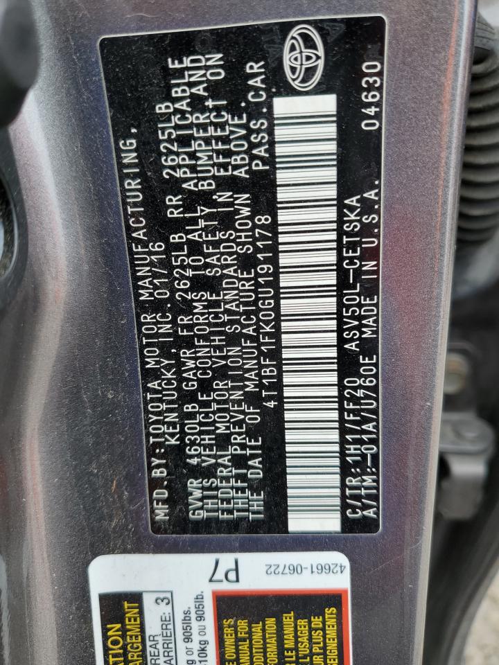 2016 Toyota Camry VIN 4T1BF1FK0GU191178 Copart auction photo, front end damage thumbnail 12