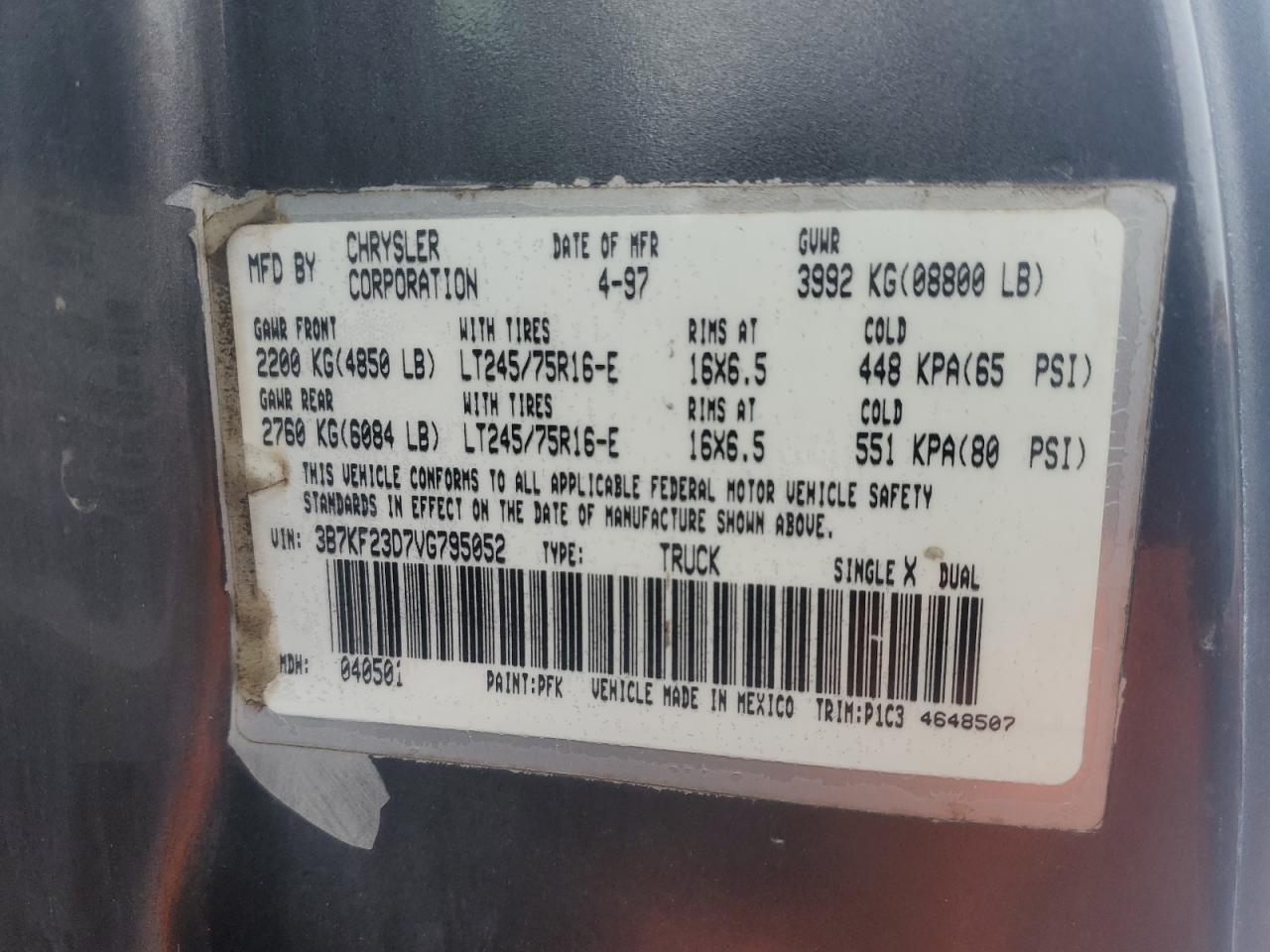 1997 Dodge RAM VIN 3B7KF23D7VG795052 Copart auction photo, undercarriage / front end damage thumbnail 12