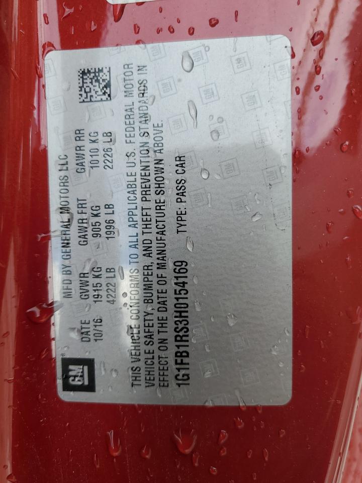 2017 Chevrolet Camaro VIN 1G1FB1RS3H0154169 Copart auction photo, water/flood damage thumbnail 13