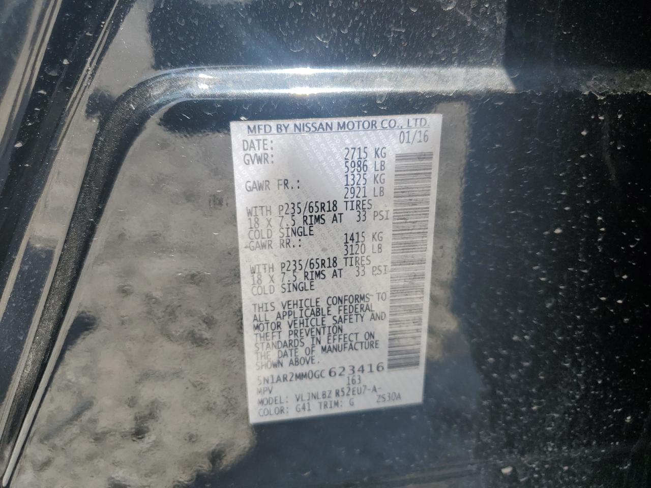 2016 Nissan Pathfinder VIN 5N1AR2MM0GC623416 Copart auction photo, side damage thumbnail 13