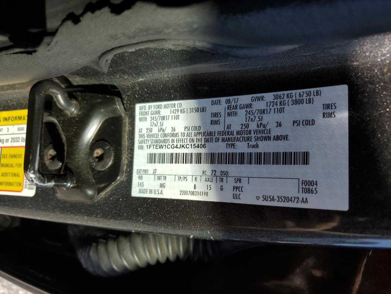 2018 Ford F-150 VIN 1FTEW1CG4JKC15406 Copart auction photo, front end / side damage thumbnail 15