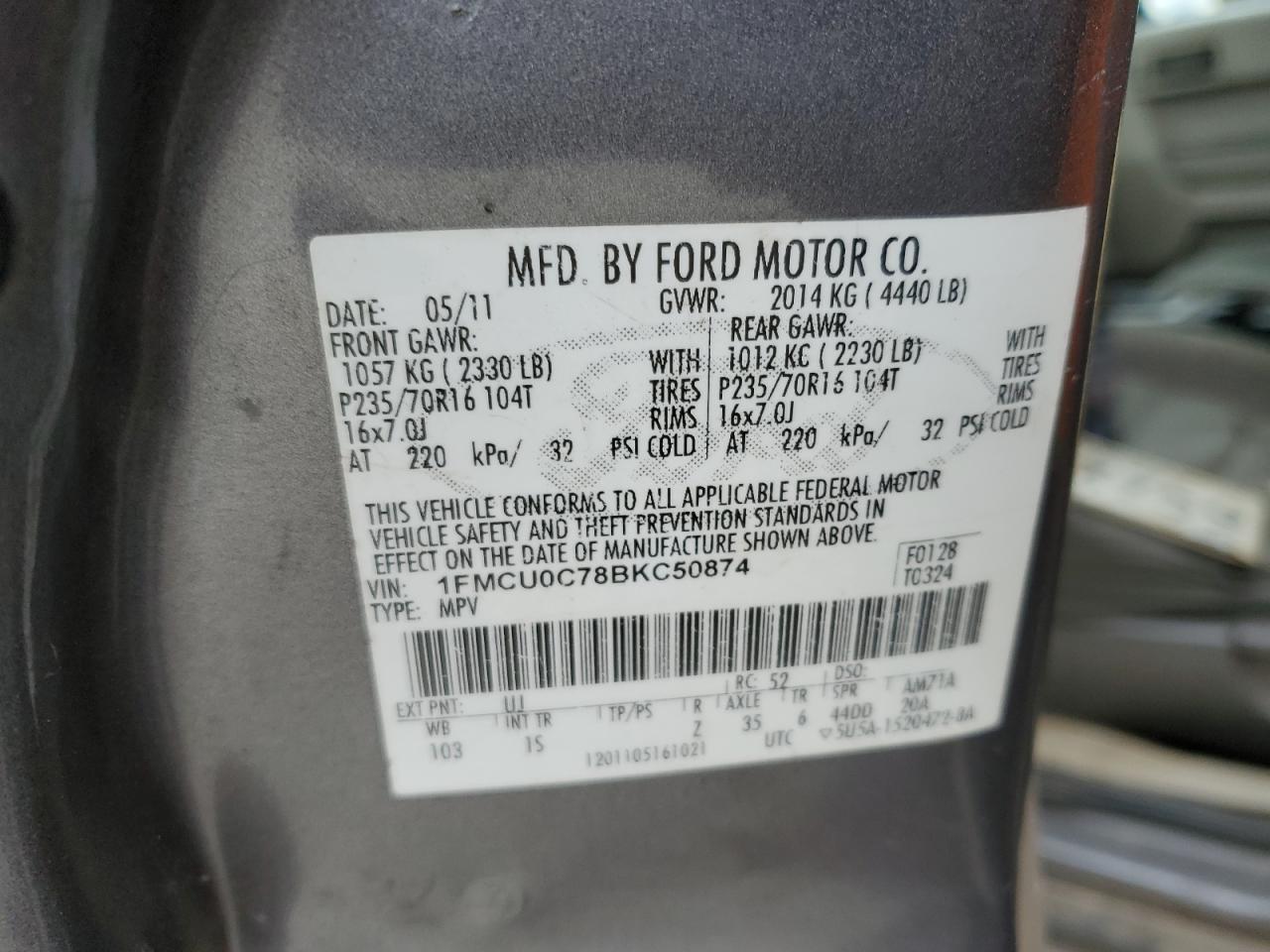 2011 Ford Escape VIN 1FMCU0C78BKC50874 Copart auction photo, front end / side damage thumbnail 16