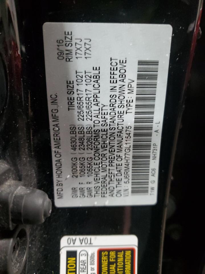 2016 Honda CR-V VIN 5J6RM4H77GL115475 Copart auction photo, rear end / front end damage thumbnail 13