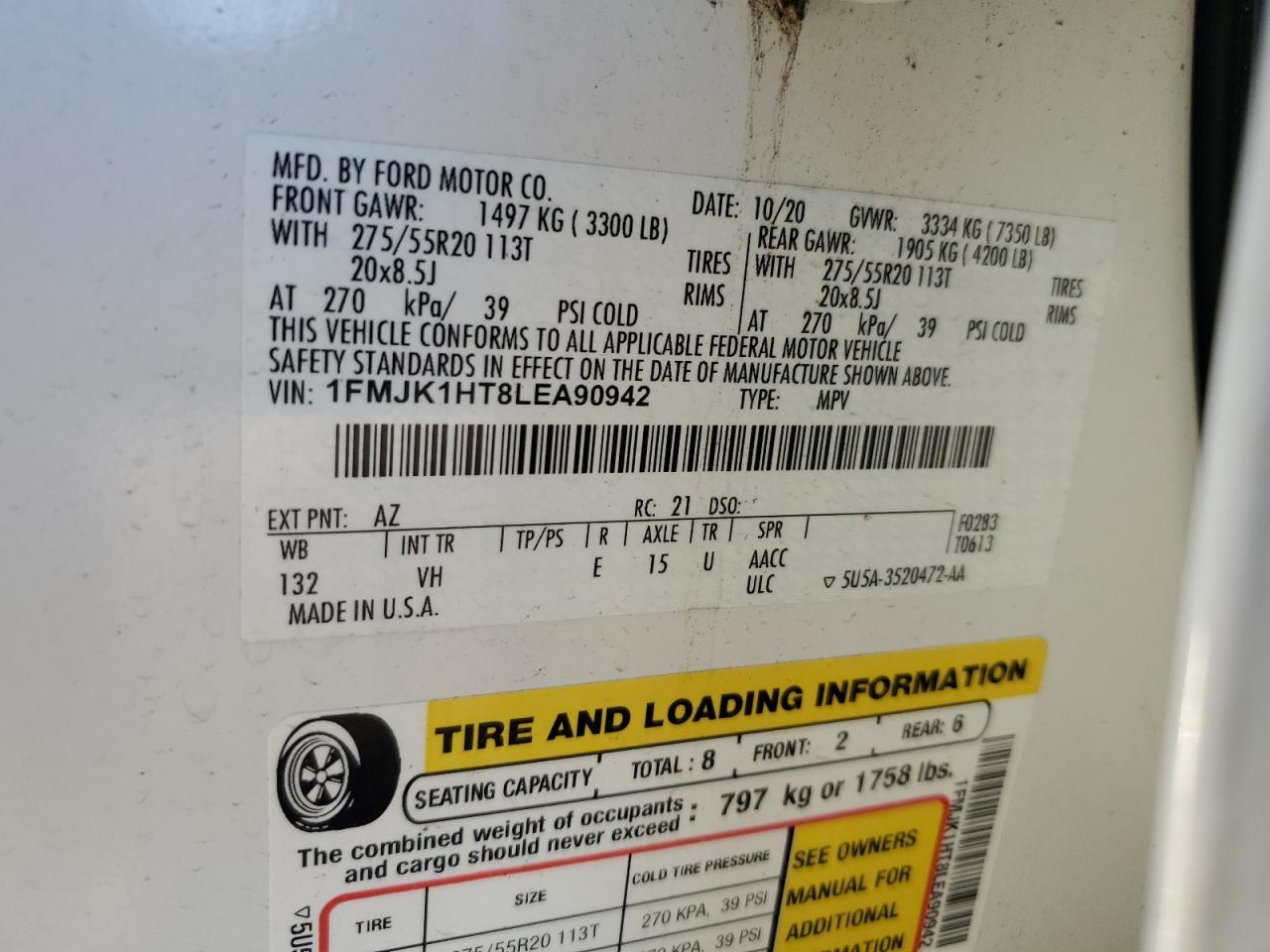 2020 Ford Expedition VIN 1FMJK1HT8LEA90942 Copart auction photo, front end / minor dent/scratches damage thumbnail 13