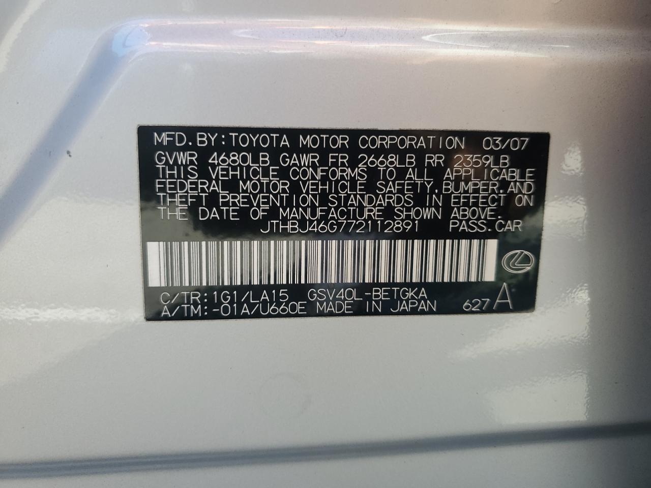 2007 Lexus ES VIN JTHBJ46G772112891 Copart auction photo, front end / rear end damage thumbnail 12
