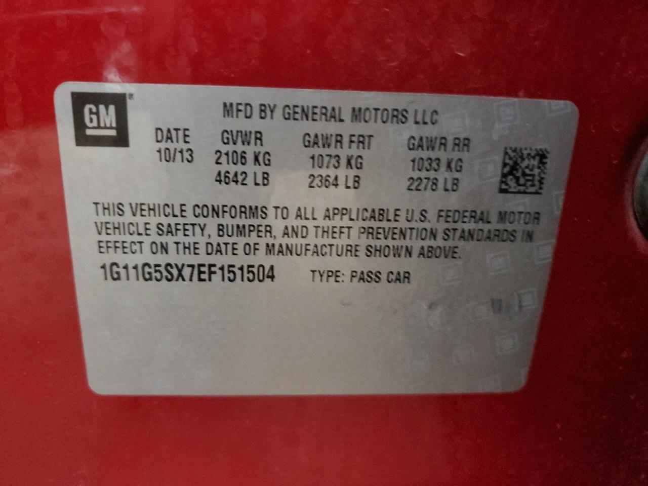 2014 Chevrolet Malibu VIN 1G11G5SX7EF151504 Copart auction photo, all over damage thumbnail 14