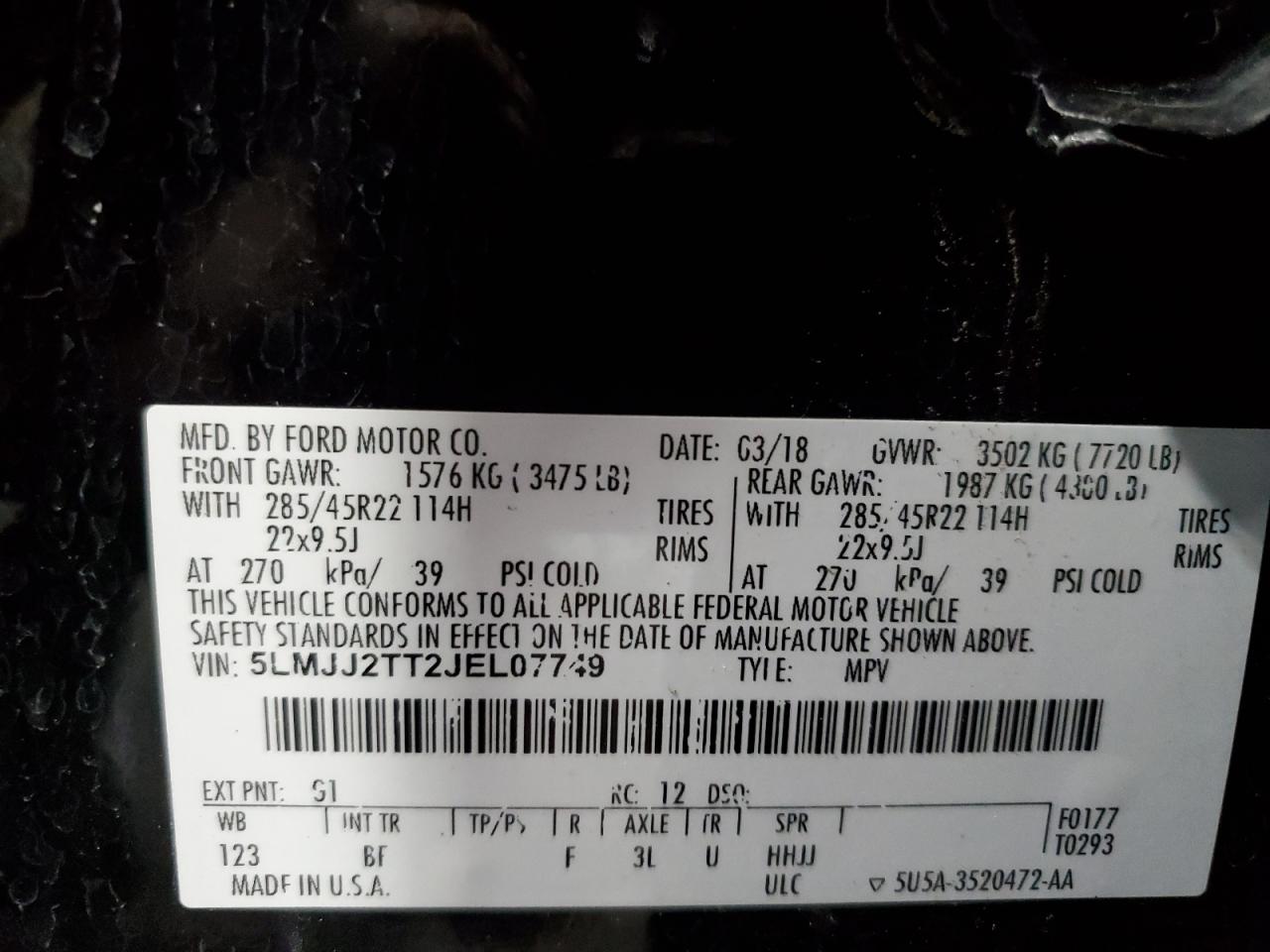 2018 Lincoln Navigator VIN 5LMJJ2TT2JEL07749 Copart auction photo, front end damage thumbnail 15