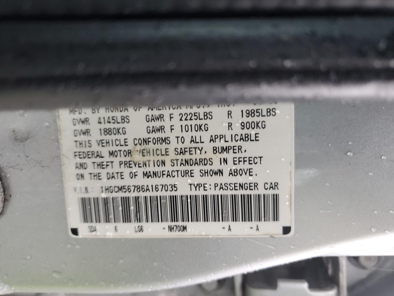 2006 Honda Accord VIN 1HGCM56786A167035 Copart auction photo, front end damage thumbnail 12