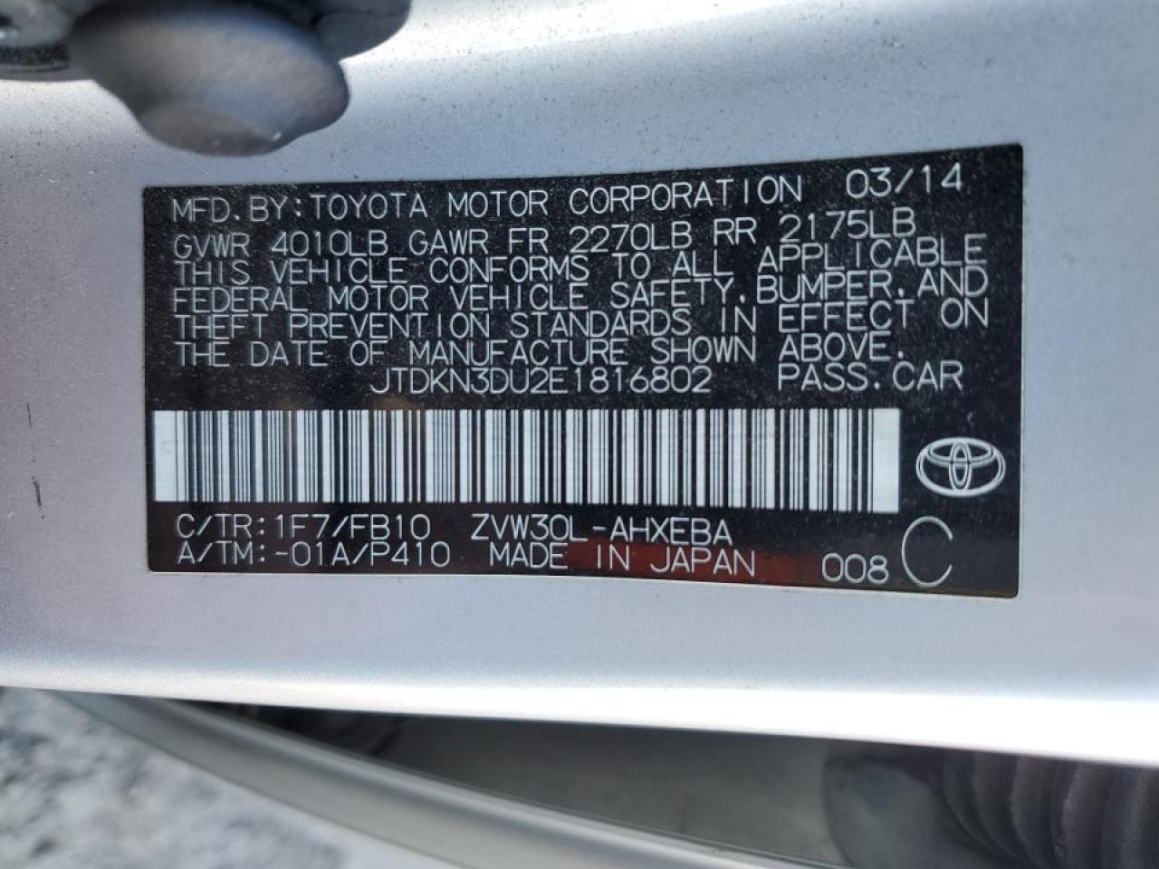 2014 Toyota Prius VIN JTDKN3DU2E1816802 Copart auction photo, front end / minor dent/scratches damage thumbnail 15