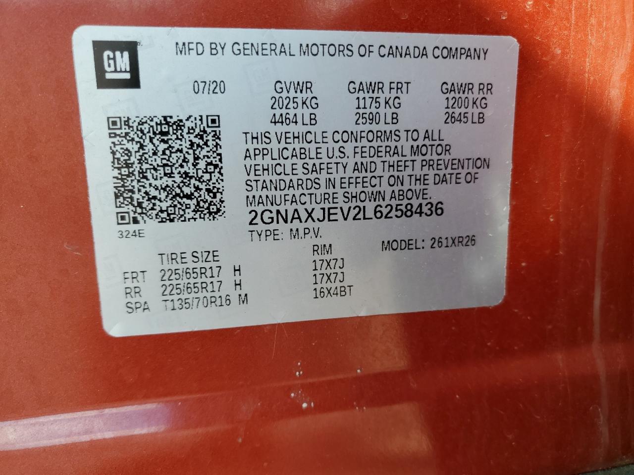 2020 Chevrolet Equinox VIN 2GNAXJEV2L6258436 Copart auction photo, front end damage thumbnail 13