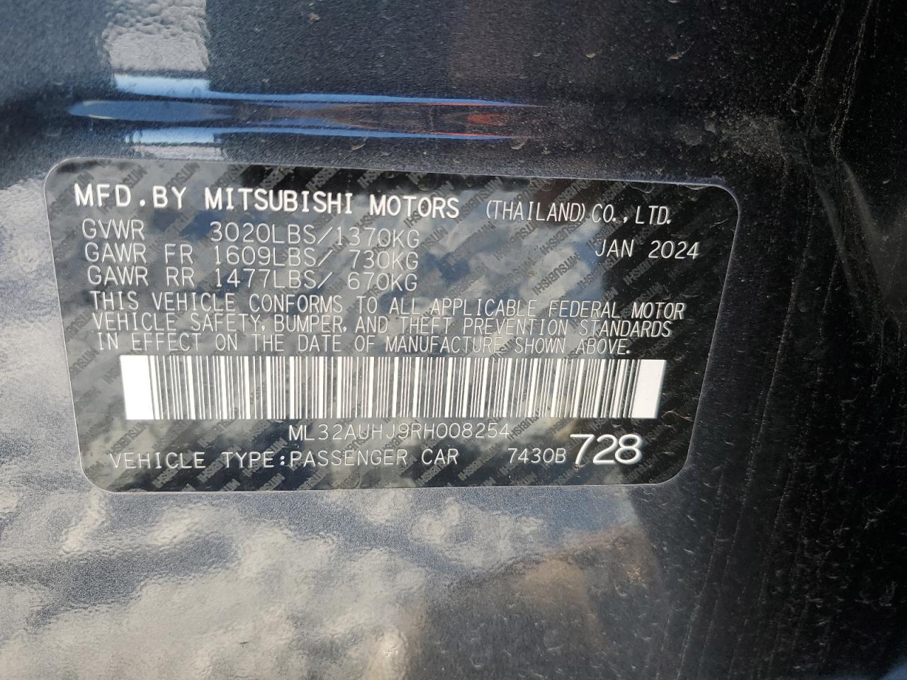 2024 Mitsubishi Mirage VIN ML32AUHJ9RH008254 Copart auction photo, front end damage thumbnail 12