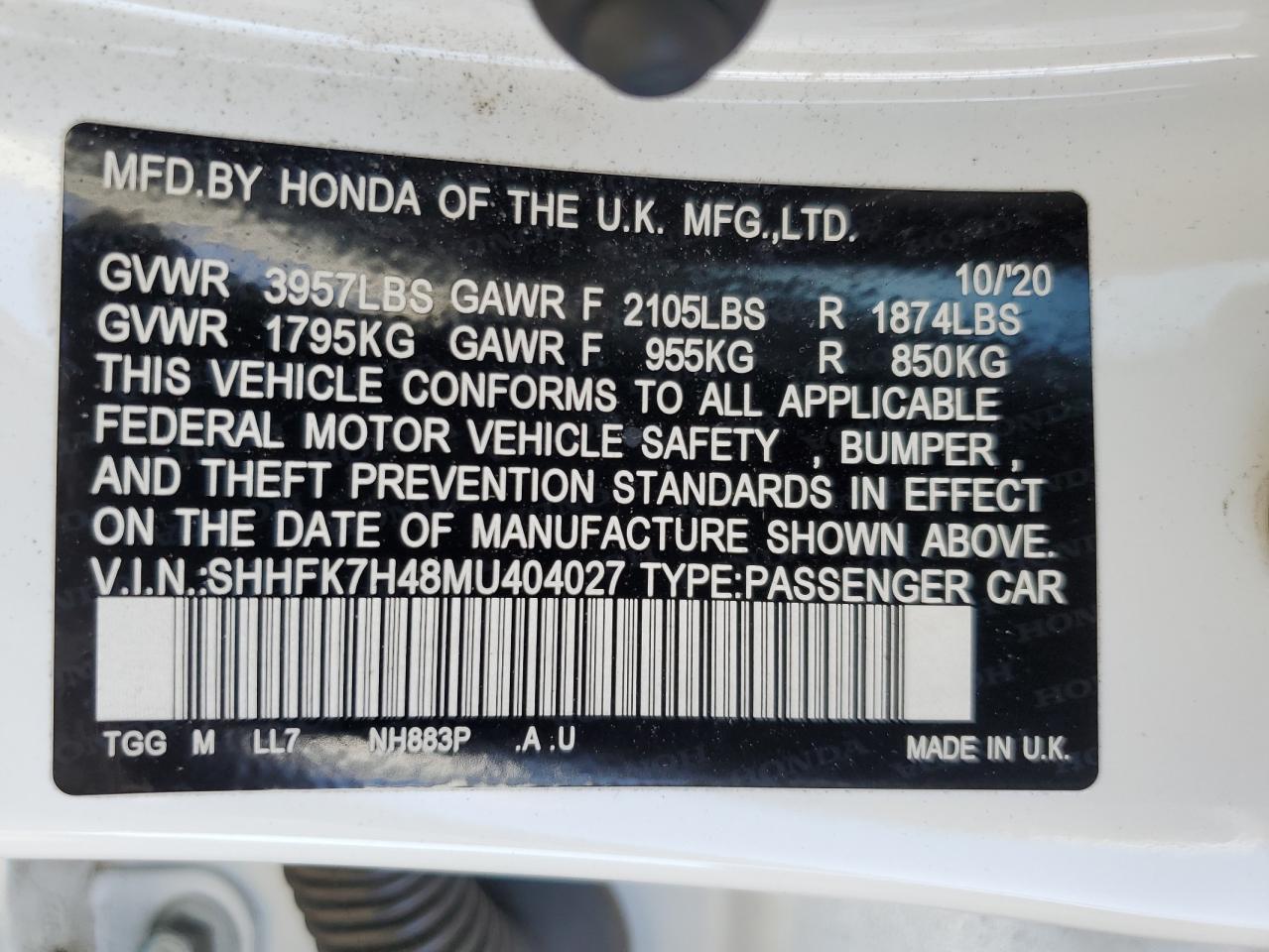 2021 Honda Civic VIN SHHFK7H48MU404027 Copart auction photo, front end damage thumbnail 15