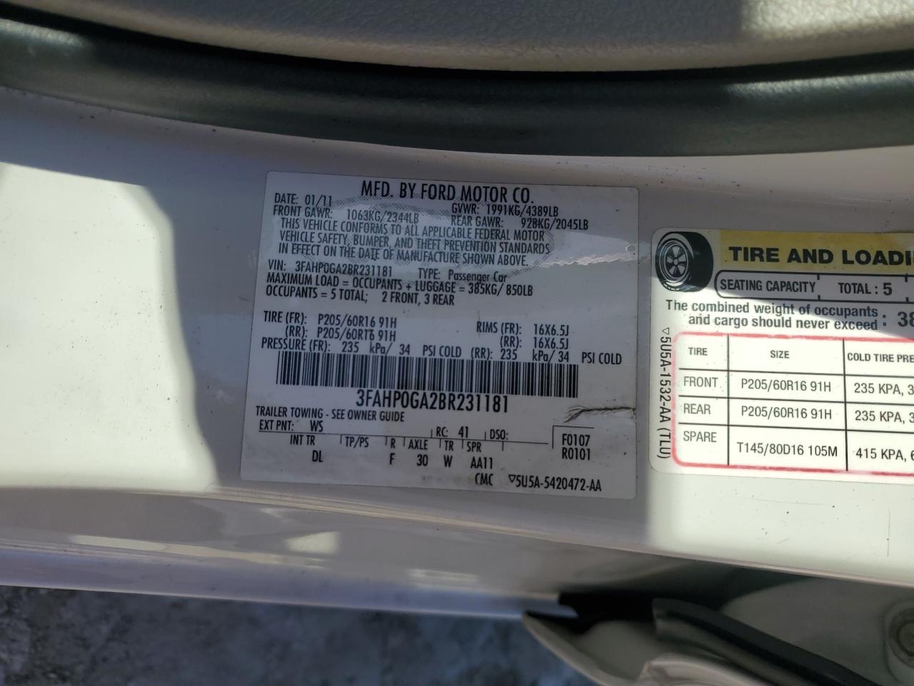 2011 Ford Fusion VIN 3FAHP0GA2BR231181 Copart auction photo, front end damage thumbnail 14