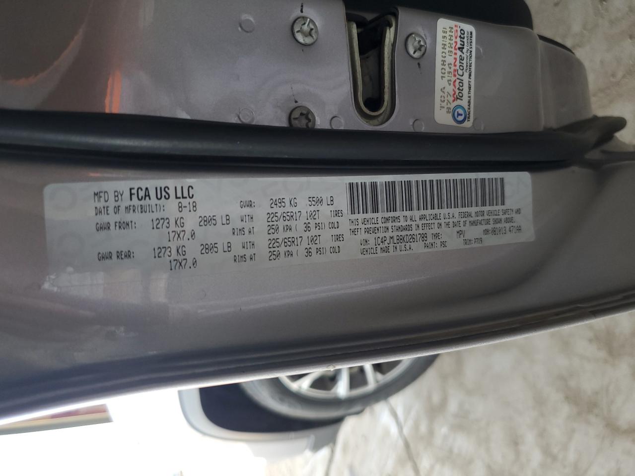 2019 Jeep Grand Cherokee VIN 1C4PJMLB8KD261789 Copart auction photo, front end / rear end damage thumbnail 12