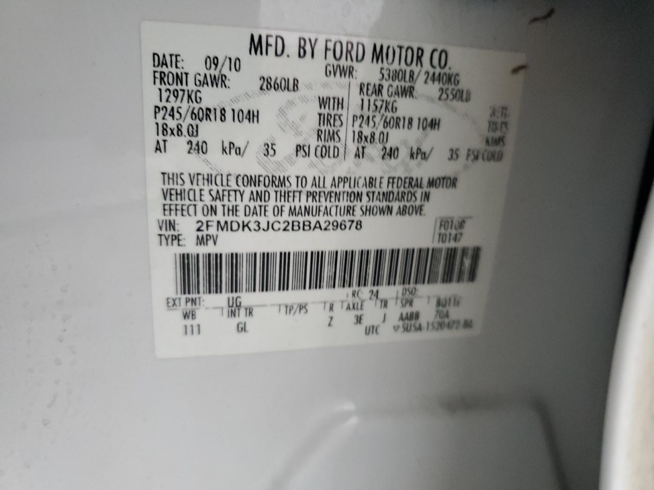 2011 Ford Edge VIN 2FMDK3JC2BBA29678 Copart auction photo, front end damage thumbnail 16