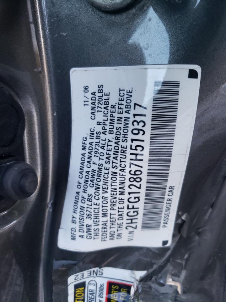 2007 Honda Civic VIN 2HGFG12867H519317 Copart auction photo, all over damage thumbnail 12