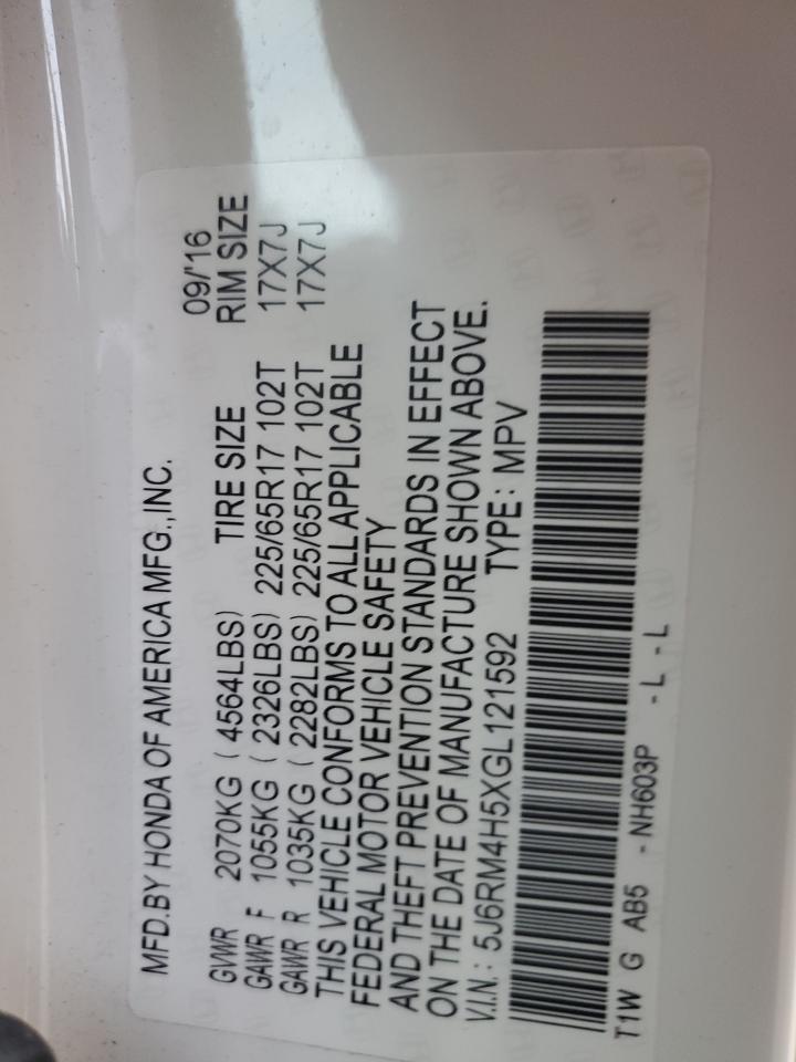 2016 Honda CR-V VIN 5J6RM4H5XGL121592 Copart auction photo, front end damage thumbnail 13