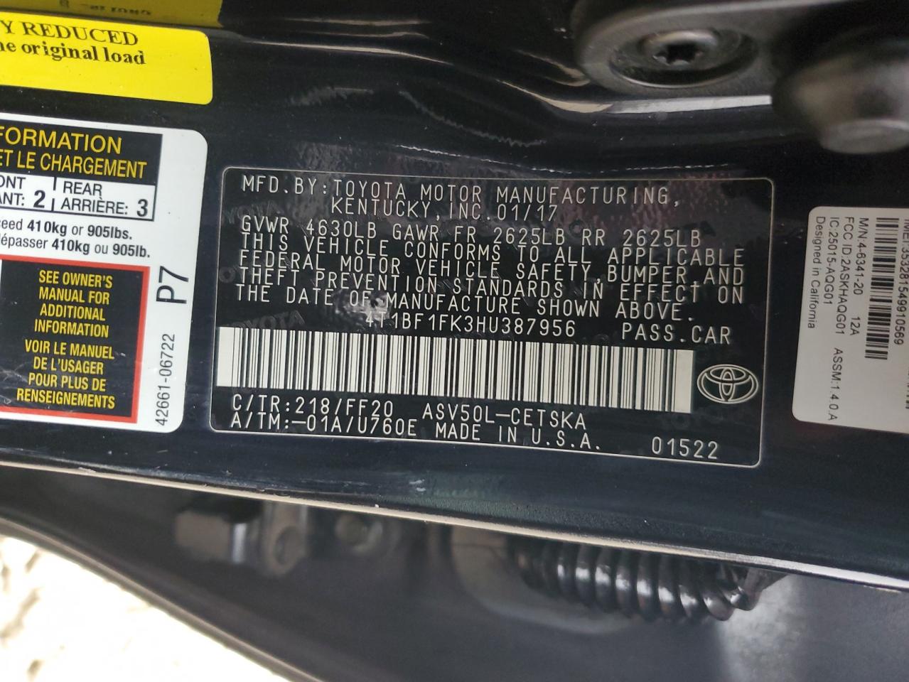 2017 Toyota Camry VIN 4T1BF1FK3HU387956 Copart auction photo, front end damage thumbnail 13