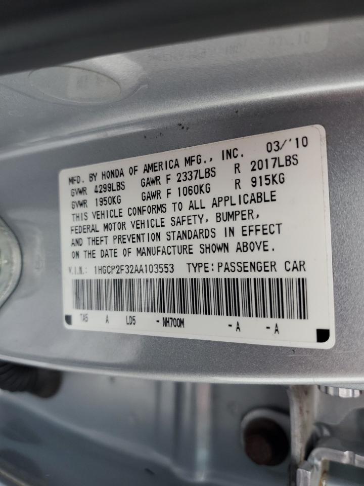 2010 Honda Accord VIN 1HGCP2F32AA103553 Copart auction photo, front end / minor dent/scratches damage thumbnail 13